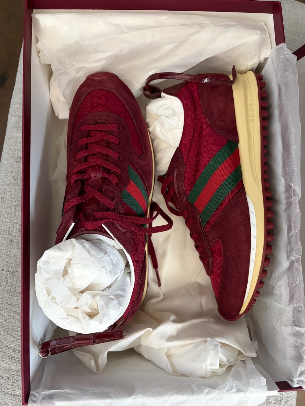 Gucci Burgundy Sneakers with Green and Red Web Stripe